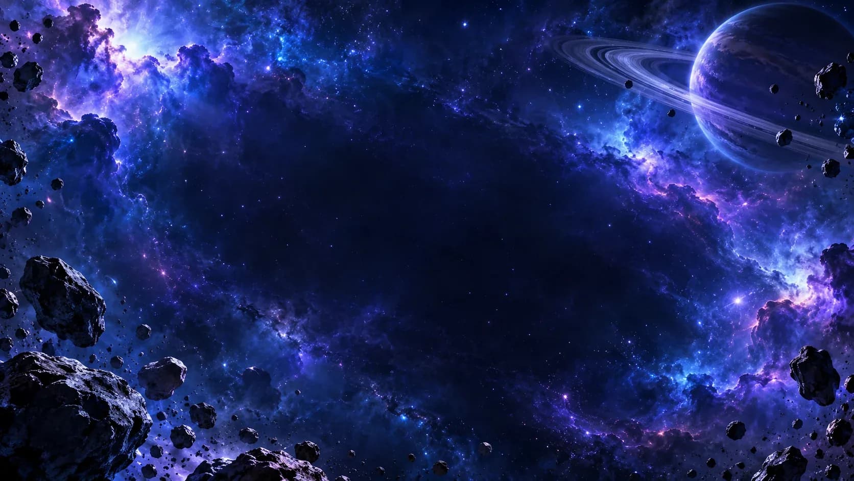 Blue nebula and a distant ringed planet