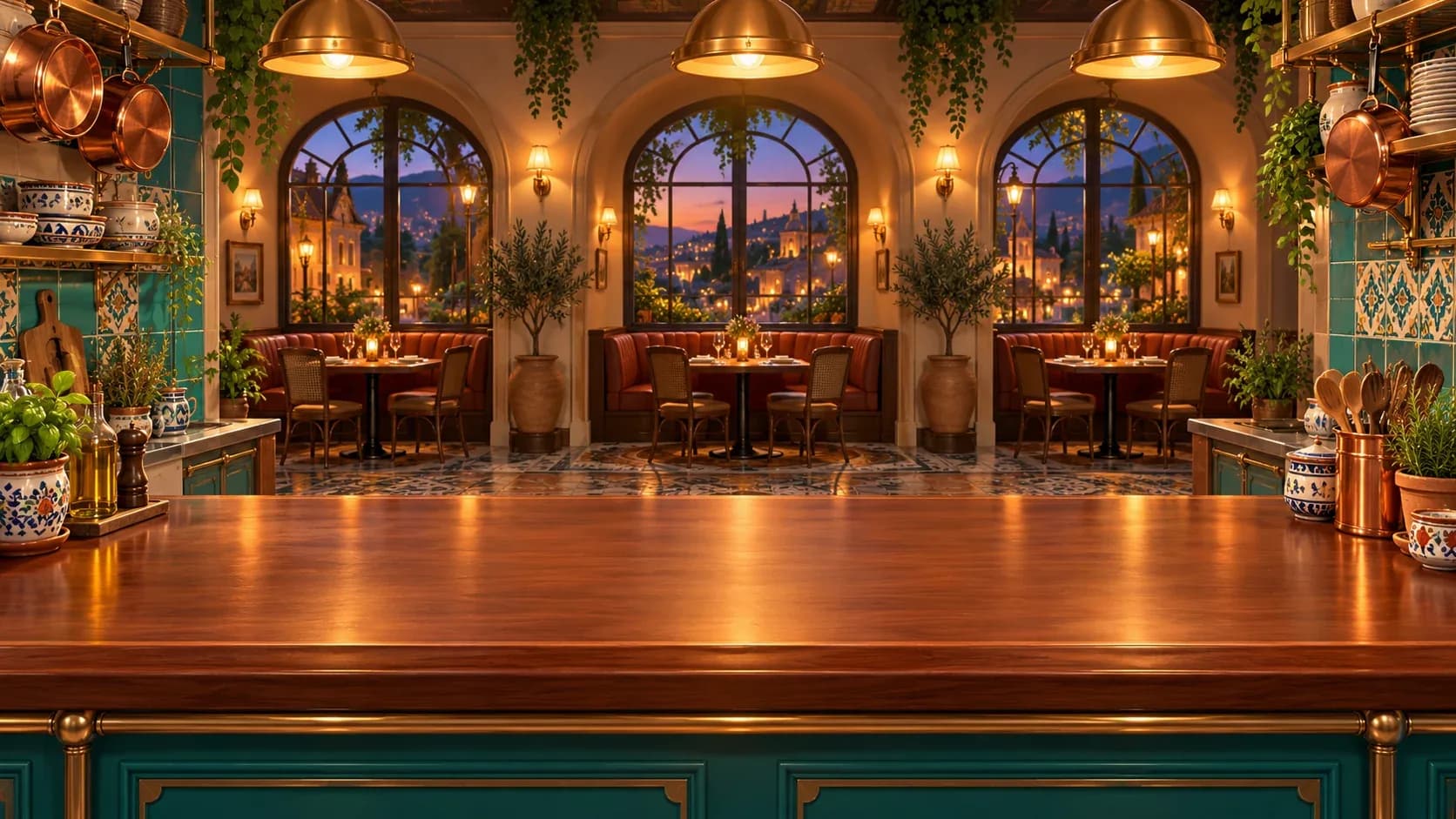 A warm bistro kitchen at sunset