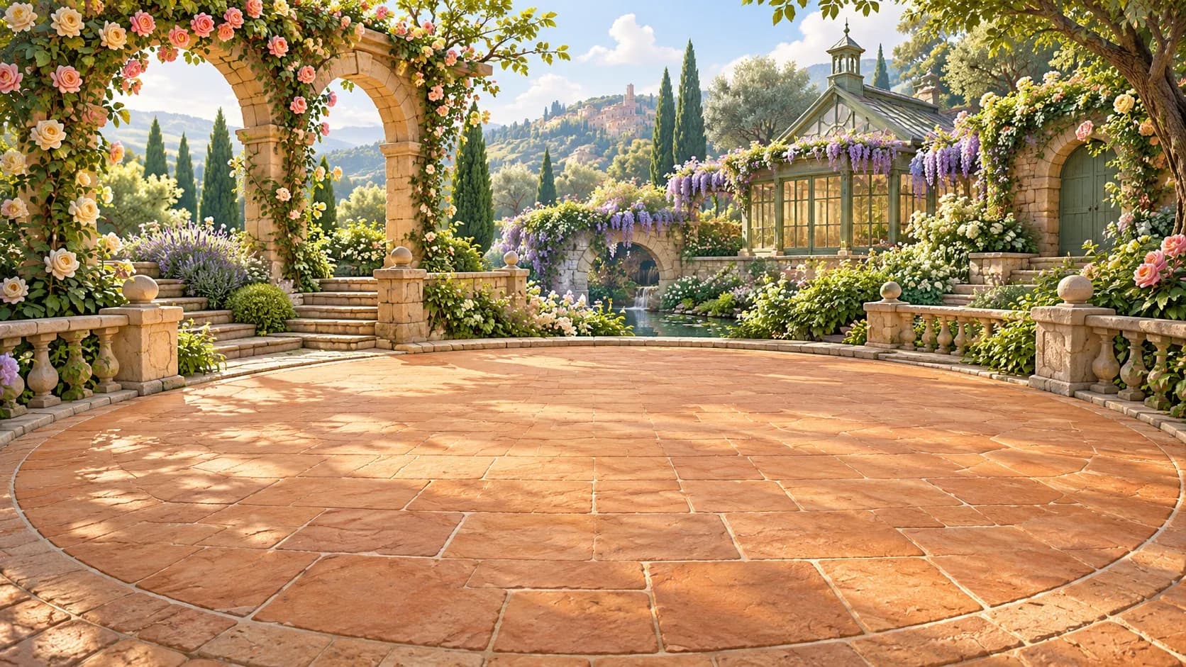 A sunlit garden courtyard framed by flowers
